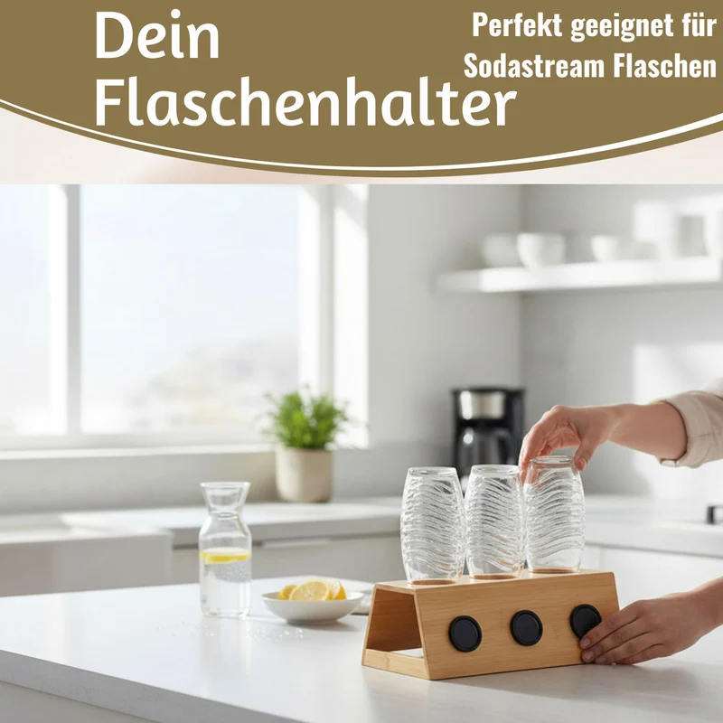 Holz Flaschenständer Bambus passend für 3 Sodastream Flaschen Abtropfschale