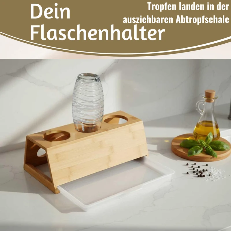Holz Flaschenständer Bambus passend für 3 Sodastream Flaschen Abtropfschale