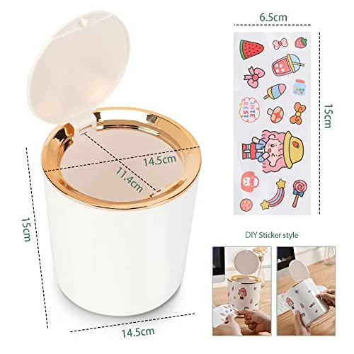 Tischmülleimer Mit Deckel,Kunststoff Mülleimer Mini,Klein Mülltonne für Küche, Schlafzimmer, Bad, Schreibtisch,14.3 * 15cm (Weiß)
