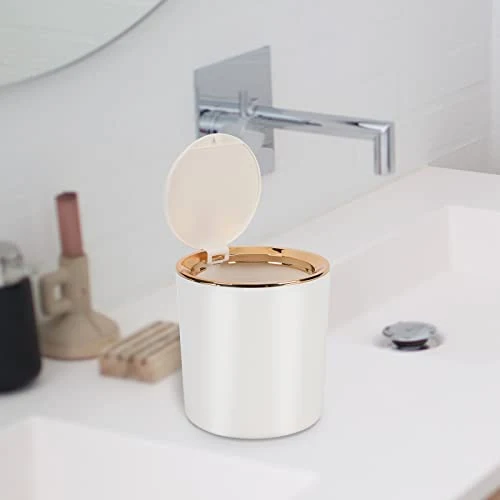 Tischmülleimer Mit Deckel,Kunststoff Mülleimer Mini,Klein Mülltonne für Küche, Schlafzimmer, Bad, Schreibtisch,14.3 * 15cm (Weiß)