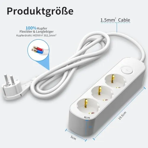 Realmade Steckdosenleiste 3-Fach, Mehrfachsteckdose mit Schalter 3M