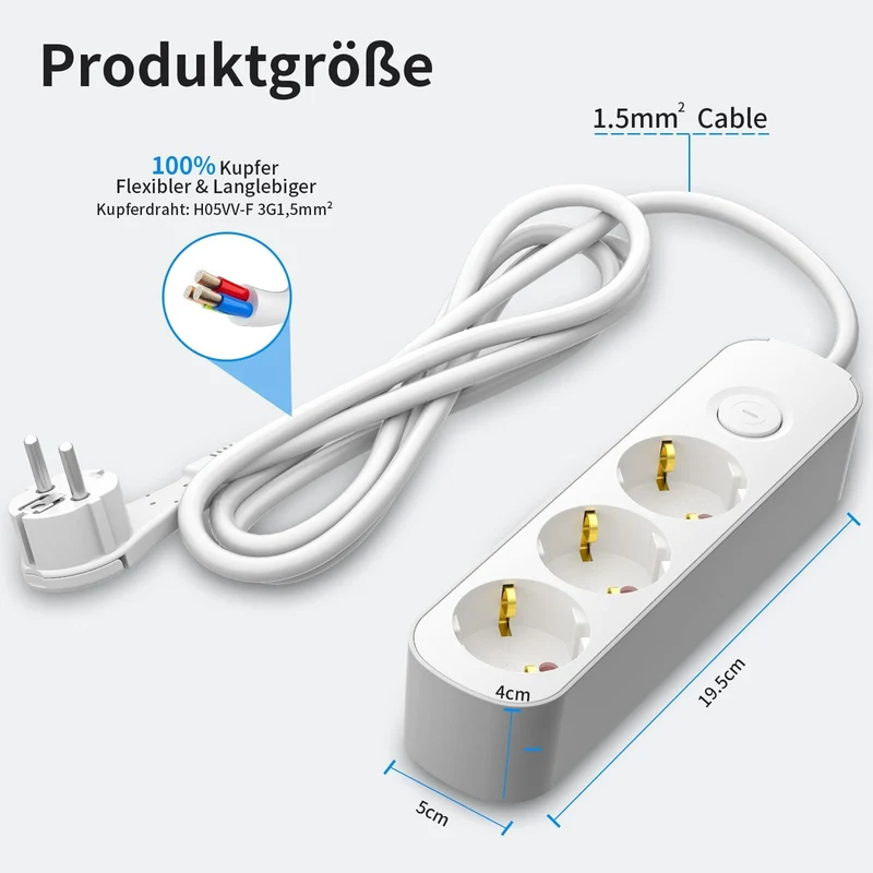 Realmade Steckdosenleiste 3-Fach, Mehrfachsteckdose mit Schalter 3M