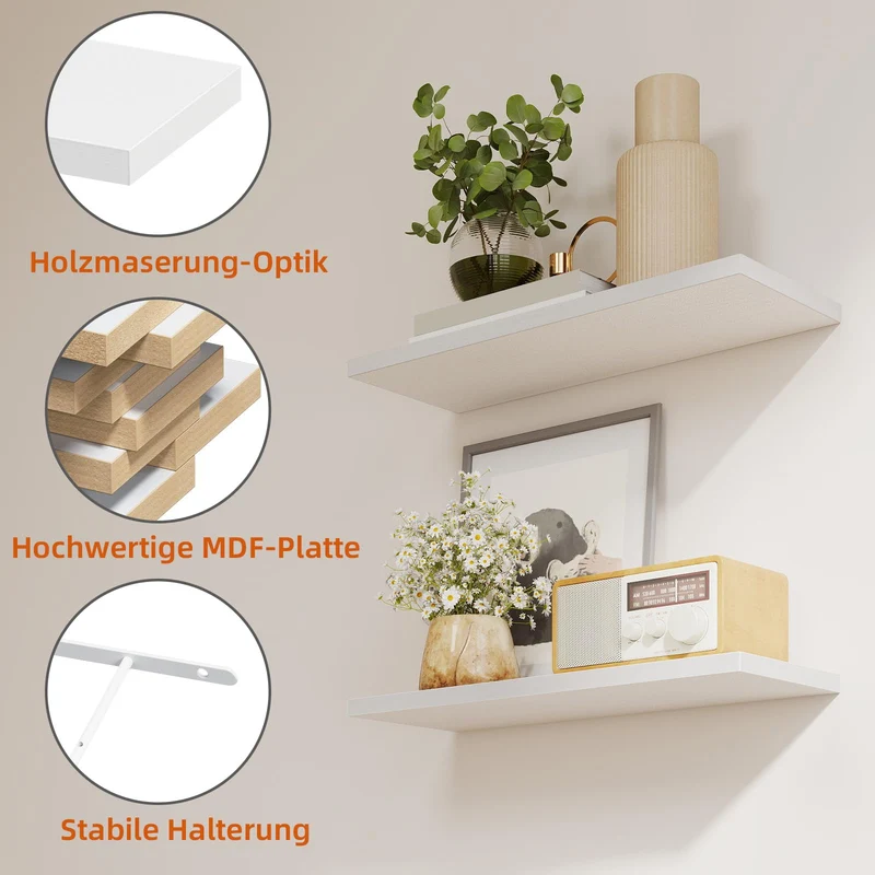 Somdot Wandregal Schlafzimmer, 40cm, T-Halterungen, 4er Set, Weiß