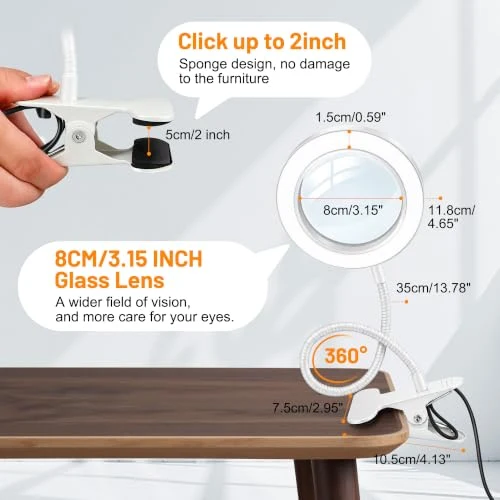Akynite 10x Lupe mit Licht und Klemme, 3 Farben 10 Helligkeite, LED Lupe mit Licht und Schwanenhals für Handwerk Hobby Malerei Modellmaler, USB Klemmlampe Lupenlampe zum Lesen, Weiß