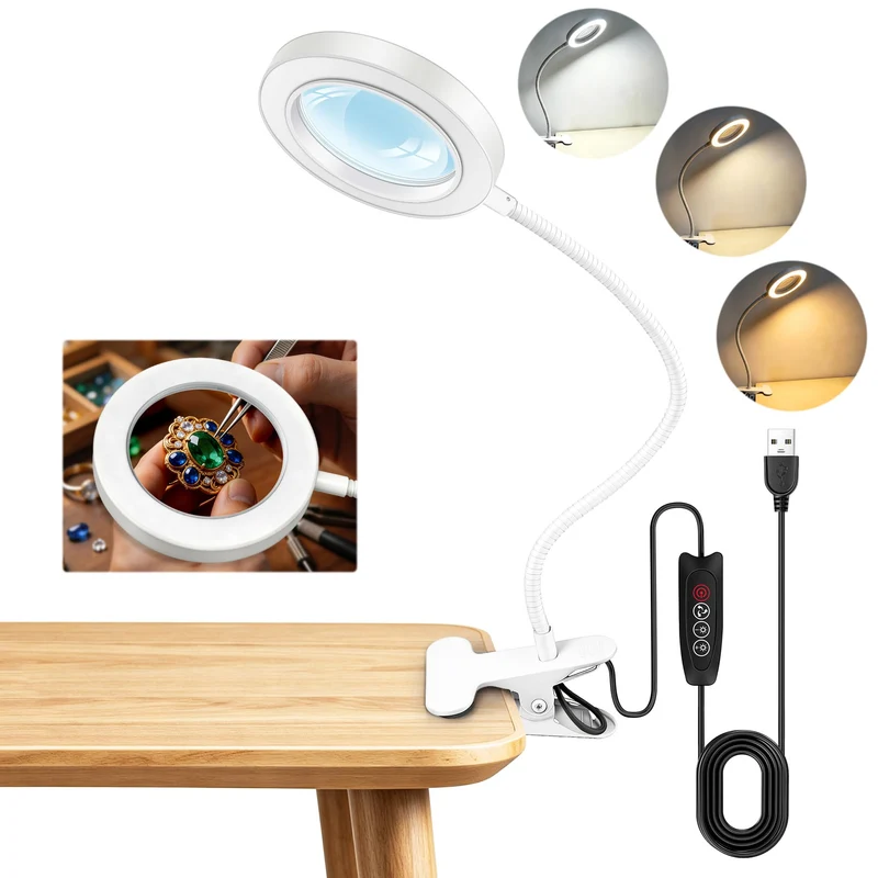 Akynite 10x Lupe mit Licht und Klemme, 3 Farben 10 Helligkeite, LED Lupe mit Licht und Schwanenhals für Handwerk Hobby Malerei Modellmaler, USB Klemmlampe Lupenlampe zum Lesen, Weiß