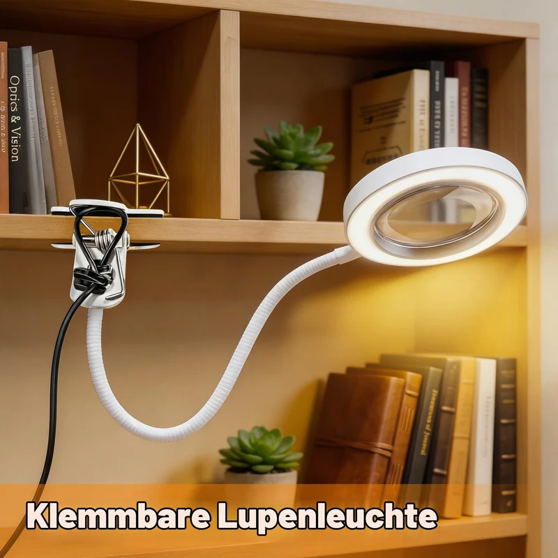 Akynite 10x Lupe mit Licht und Klemme, 3 Farben 10 Helligkeite, LED Lupe mit Licht und Schwanenhals für Handwerk Hobby Malerei Modellmaler, USB Klemmlampe Lupenlampe zum Lesen, Weiß