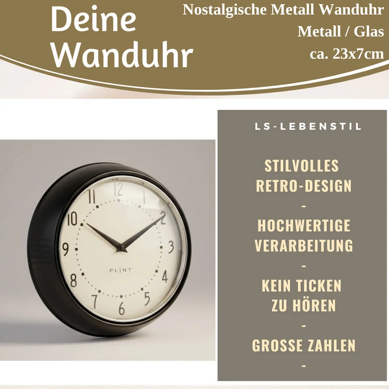 Nostalgische Metall Wanduhr Schwarz 23cm Vintage Küchenuhr Bürouhr Retro Look
