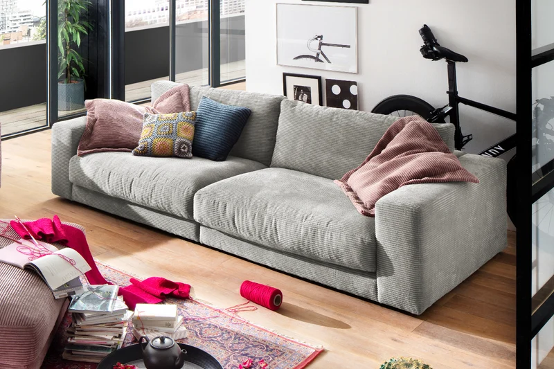 KAWOLA Sofa MADELINE 3-Sitzer Cord hellgrau