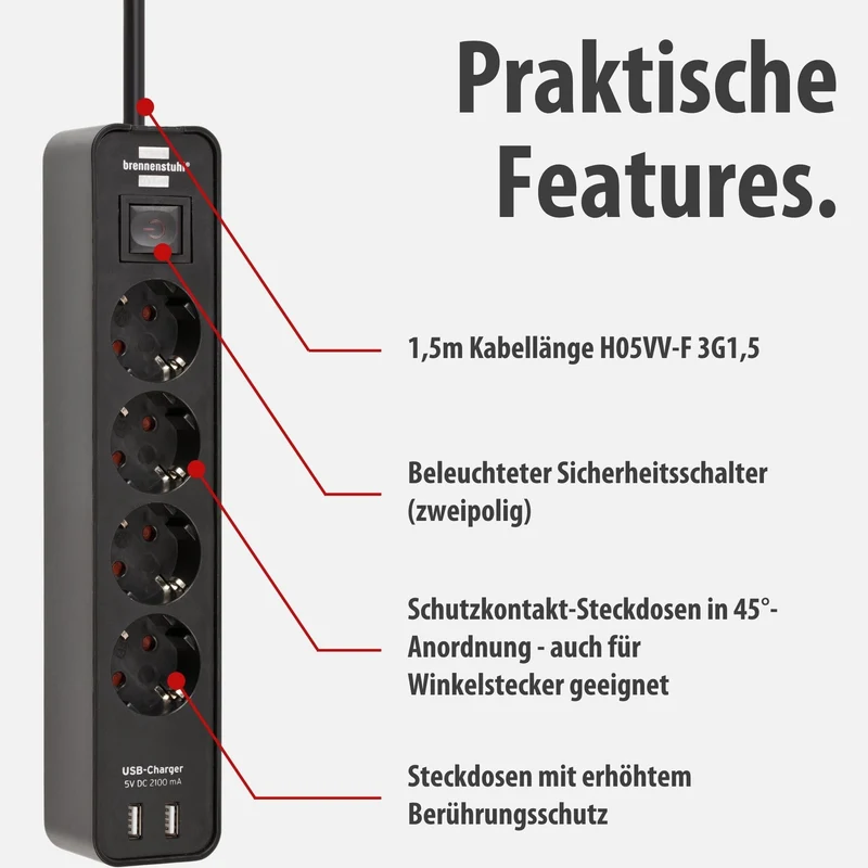 Brennenstuhl Ecolor Steckdosenleiste 4-Fach mit USB-Ladebuchse