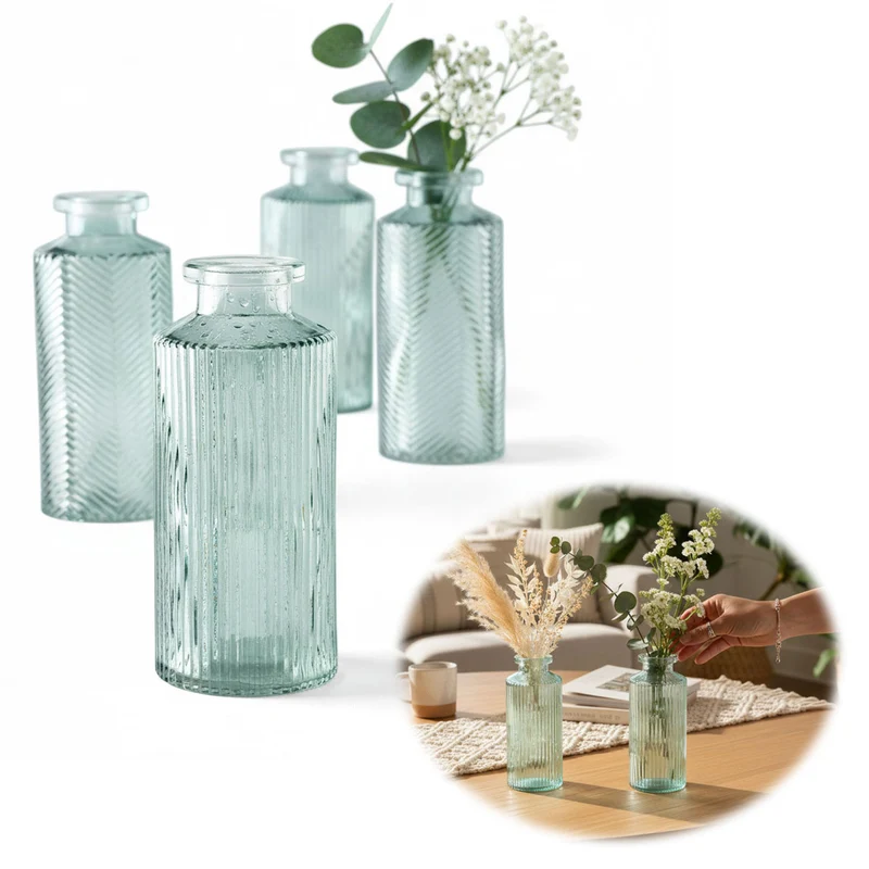 4x Retro Glas Vase 14cm Salbei Grün Set Blumenvase Deko Tischvase Väschen
