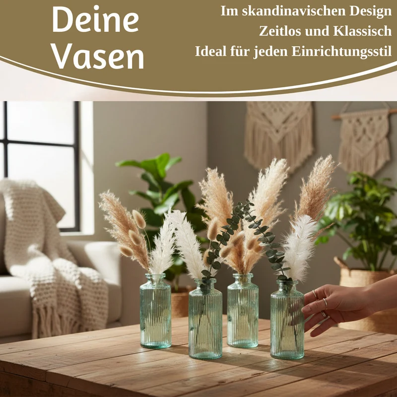 4x Retro Glas Vase 14cm Salbei Grün Set Blumenvase Deko Tischvase Väschen