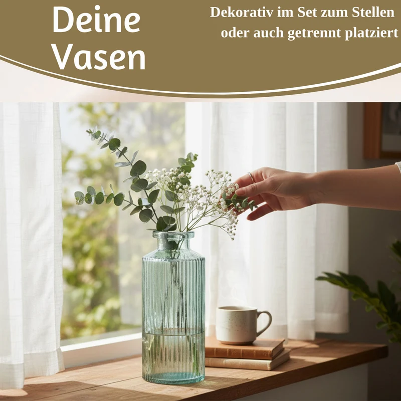 4x Retro Glas Vase 14cm Salbei Grün Set Blumenvase Deko Tischvase Väschen