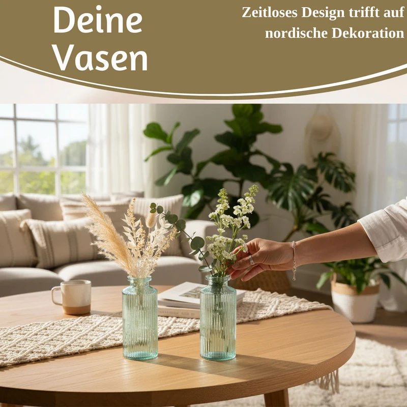 4x Retro Glas Vase 14cm Salbei Grün Set Blumenvase Deko Tischvase Väschen