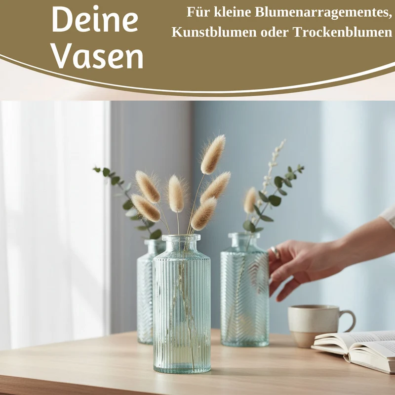 4x Retro Glas Vase 14cm Salbei Grün Set Blumenvase Deko Tischvase Väschen