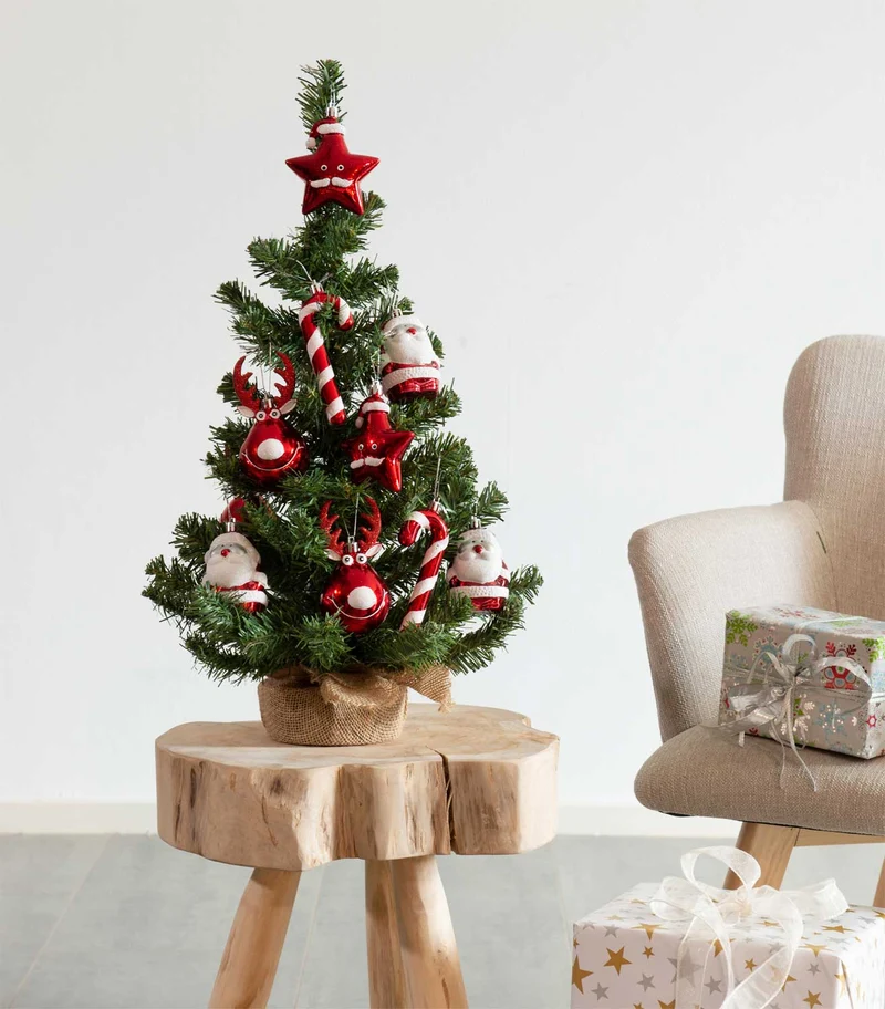 Deko Weihnachtsbaum 60cm Grün Rot geschmückt Sockel Tannenbaum Tisch Dekoration