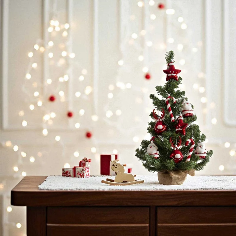 Deko Weihnachtsbaum 60cm Grün Rot geschmückt Sockel Tannenbaum Tisch Dekoration