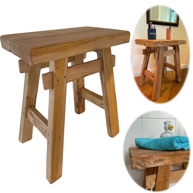 XL Vintage Holzhocker Teak Holz 50cm Hocker Sitzhocker Beistelltisch Barhocker