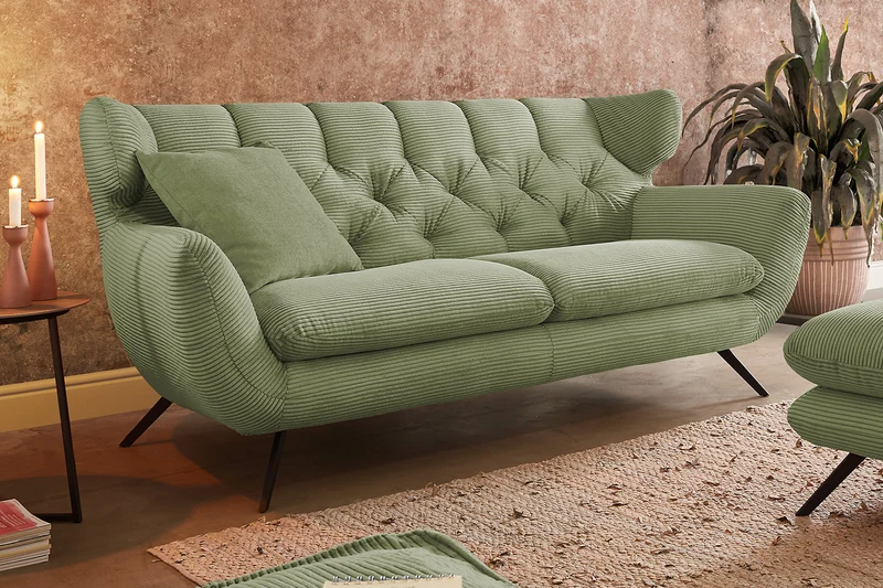 KAWOLA Sitzgruppe CHARME Sofa Sessel Hockerbank Cord olivgrün