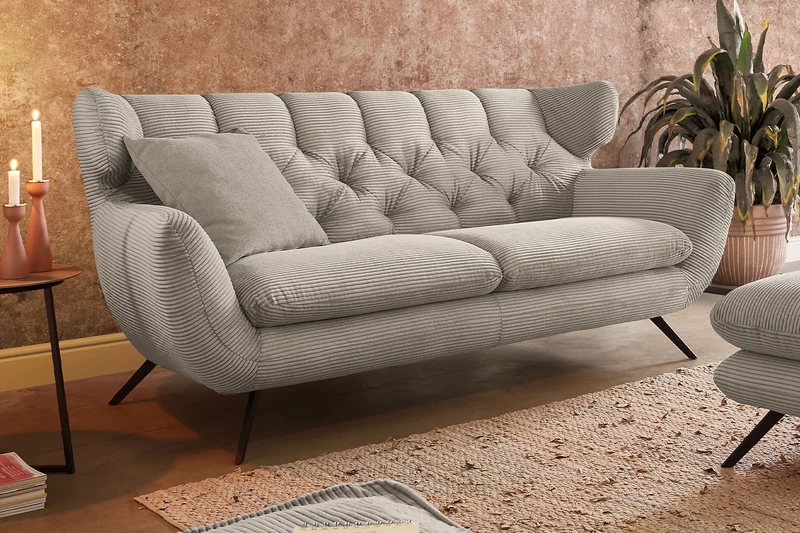 KAWOLA Sitzgruppe CHARME Sofa Sessel Hockerbank Cord steingrau