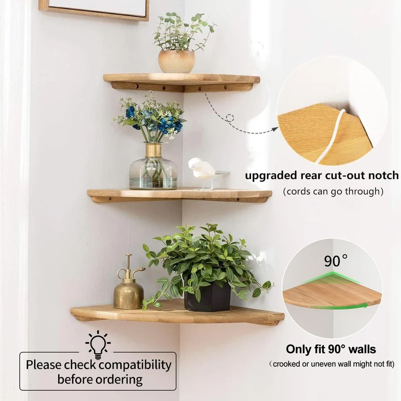 Gieanoo Eckregal Hängeregal, Eiche Massivholz Eckregal runde Enden Wandregal Holz Vintage Landhausstil Regal für Schlafzimmer Wohnzimmer Radius 30cm