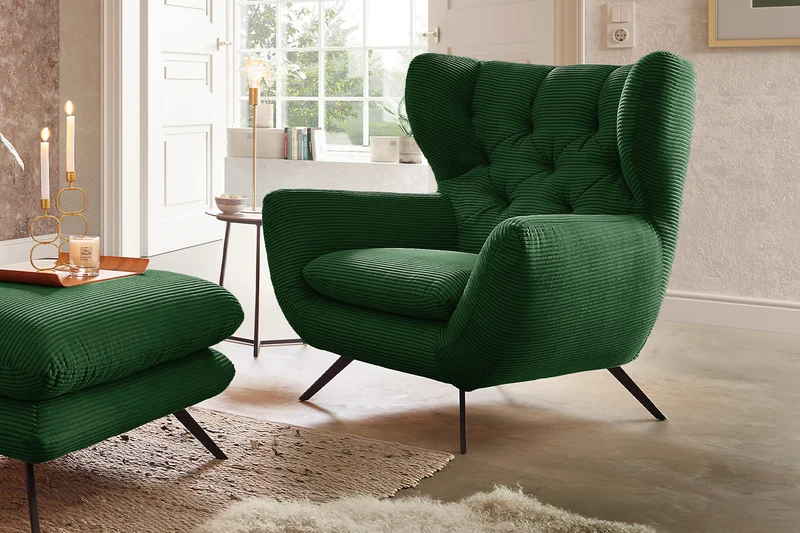 KAWOLA Sitzgruppe CHARME Sofa Sessel Hockerbank Cord smaragd