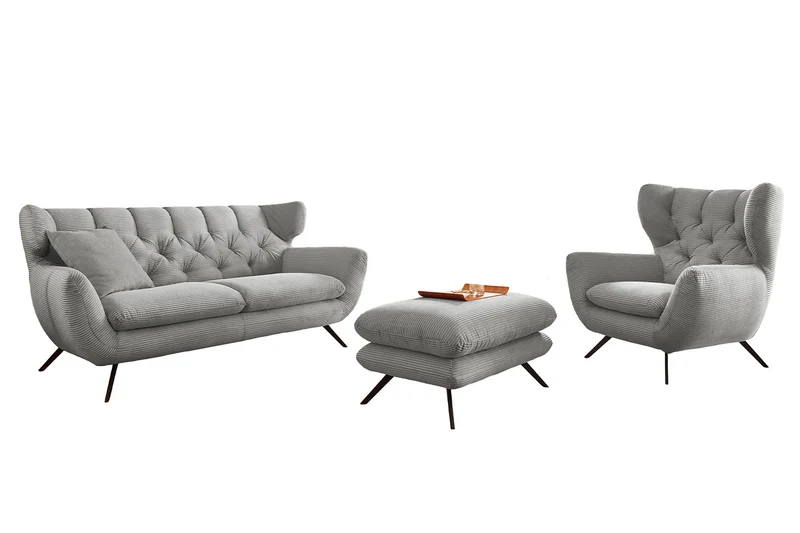 KAWOLA Sitzgruppe CHARME Sofa Sessel Hockerbank Cord hellgrau