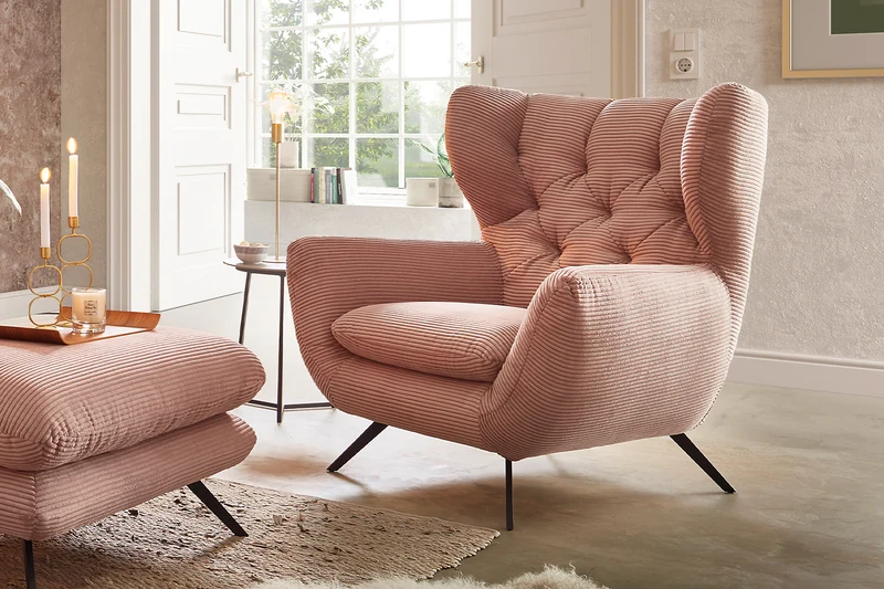KAWOLA Sitzgruppe CHARME Sofa Sessel Hockerbank Cord rosa