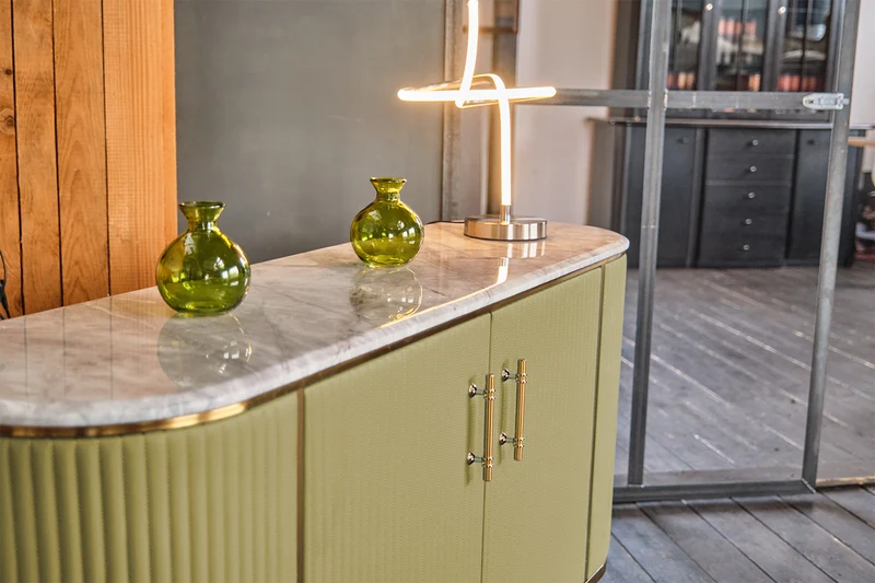 KAWOLA Sideboard MARIA Marmorplatte Kunstleder olivgrün