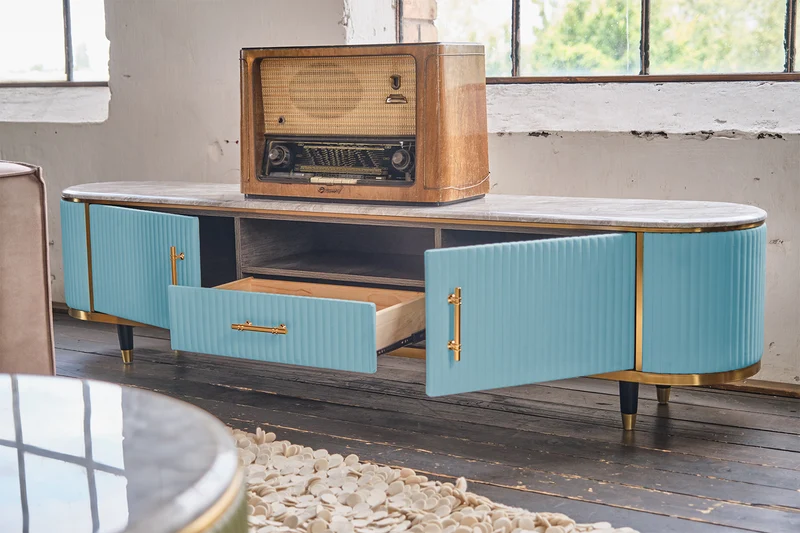 KAWOLA Lowboard MARIA TV-Bank Marmorplatte Kunstleder hellblau