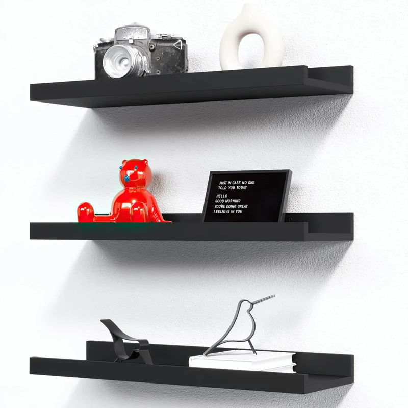 RICHER HOUSE Wandregal Schwarz, 40x13 cm, Schweberegal aus MDF Holz,3er Set
