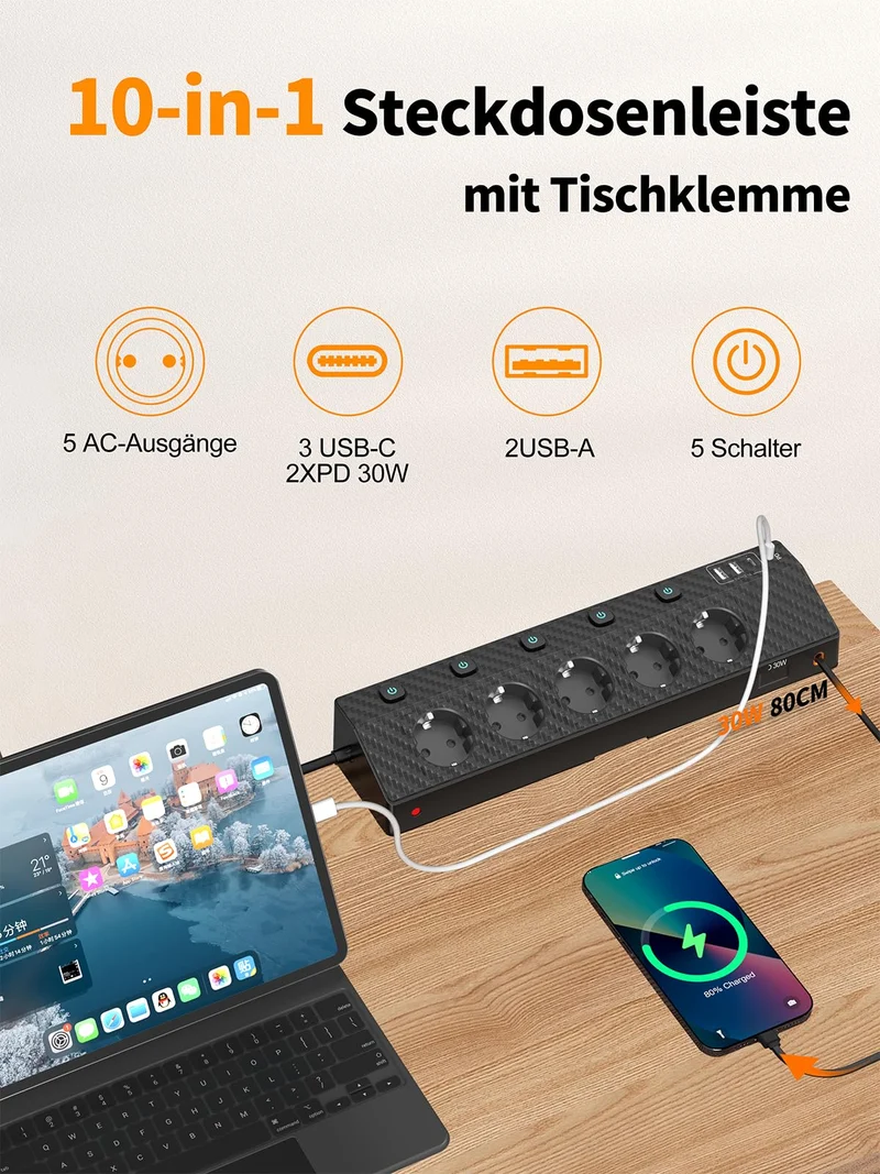 Tischsteckdose Steckdosenleiste mit 2 USB C (PD 30W), PASSUS 5 Fach Mehrfachsteckdose Schreibtisch mit Überspannungsschutz & Einzeln Schaltbar, 10-in-1 Ecksteckdose mit 2M Kabel für Büro, Schwarz