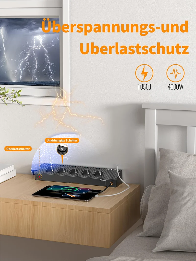 Tischsteckdose Steckdosenleiste mit 2 USB C (PD 30W), PASSUS 5 Fach Mehrfachsteckdose Schreibtisch mit Überspannungsschutz & Einzeln Schaltbar, 10-in-1 Ecksteckdose mit 2M Kabel für Büro, Schwarz