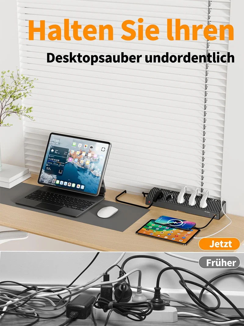 Tischsteckdose Steckdosenleiste mit 2 USB C (PD 30W), PASSUS 5 Fach Mehrfachsteckdose Schreibtisch mit Überspannungsschutz & Einzeln Schaltbar, 10-in-1 Ecksteckdose mit 2M Kabel für Büro, Schwarz