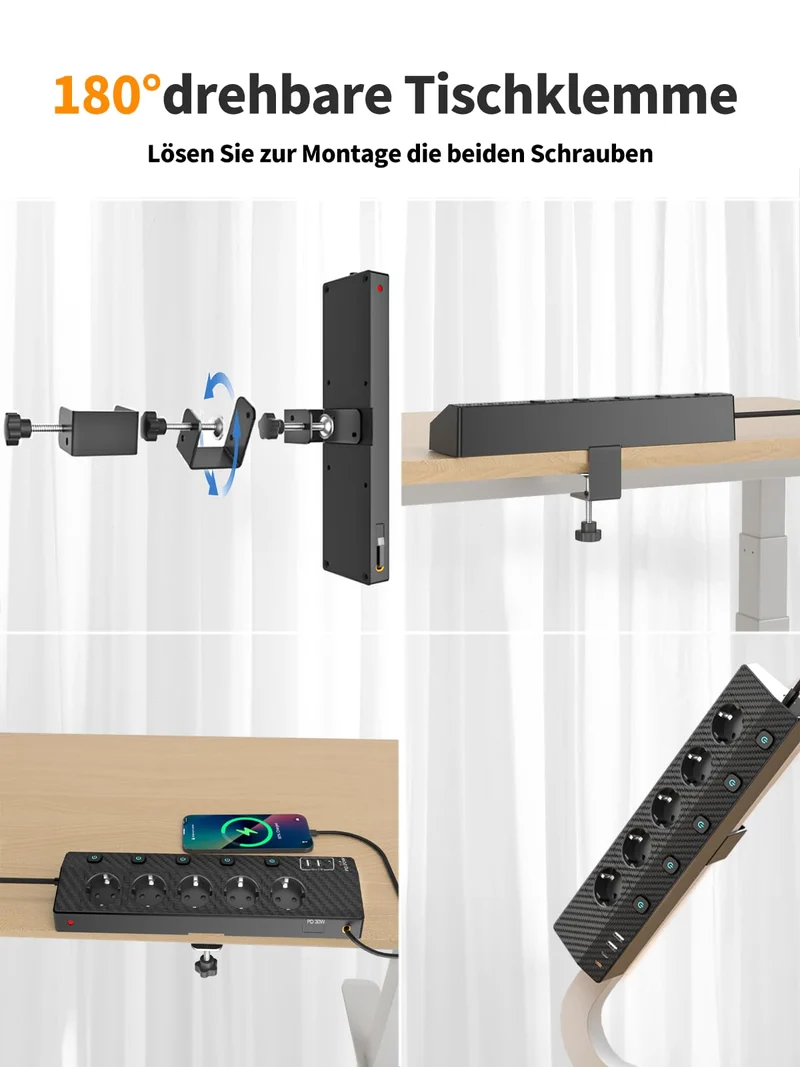 Tischsteckdose Steckdosenleiste mit 2 USB C (PD 30W), PASSUS 5 Fach Mehrfachsteckdose Schreibtisch mit Überspannungsschutz & Einzeln Schaltbar, 10-in-1 Ecksteckdose mit 2M Kabel für Büro, Schwarz