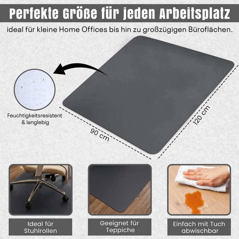 LP Projekt Bodenschutzmatte 90x120cm – rutschfeste und strapazierfähige Bürostuhlmatte für Hartböden und Teppich | Grau Bodenschutzmatte für Zuhause & Büro | Erhältlich in verschiedenen Größen