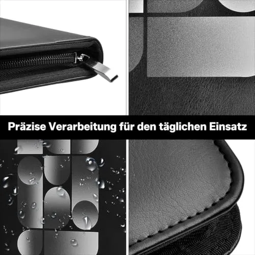 Schreibmappe A4 mit Reißverschluss Konferenzmappe A4 Leder Aktenmappe Organizer Mappe mit Notizblock Kartenfächern Schwarz