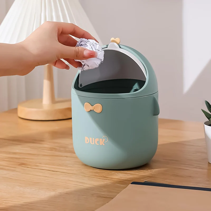 DYOUen Tisch Mülleimer mit Deckel Mini Mülleimer Netter Cartoon Mülleimer für Arbeitstische, Büros, Zuhause (grün)