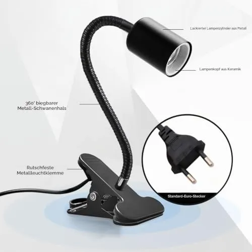 Klemmleuchte E27 Lampenfassung Metall Klemmlampe 360° Einstellbar Flexiblem Schwanenhals Schreibtischlampe mit Schalter und Stecker für Reptilien Pflanze Beleuchtung Schwarz (Keine Glühbirne)