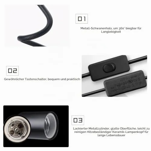 Klemmleuchte E27 Lampenfassung Metall Klemmlampe 360° Einstellbar Flexiblem Schwanenhals Schreibtischlampe mit Schalter und Stecker für Reptilien Pflanze Beleuchtung Schwarz (Keine Glühbirne)