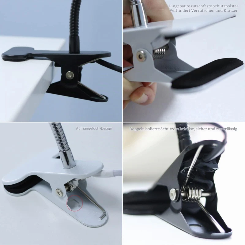Klemmleuchte E27 Lampenfassung Metall Klemmlampe 360° Einstellbar Flexiblem Schwanenhals Schreibtischlampe mit Schalter und Stecker für Reptilien Pflanze Beleuchtung Schwarz (Keine Glühbirne)