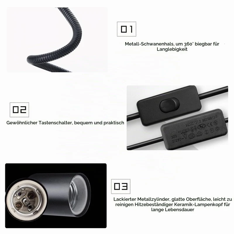 Klemmleuchte E27 Lampenfassung Metall Klemmlampe 360° Einstellbar Flexiblem Schwanenhals Schreibtischlampe mit Schalter und Stecker für Reptilien Pflanze Beleuchtung Schwarz (Keine Glühbirne)