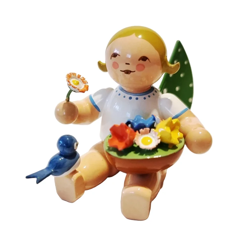 Wendt & Kühn 'Engel mit Blumenkorb und Vogel, sitzend ohne Sockel - 5cm'
