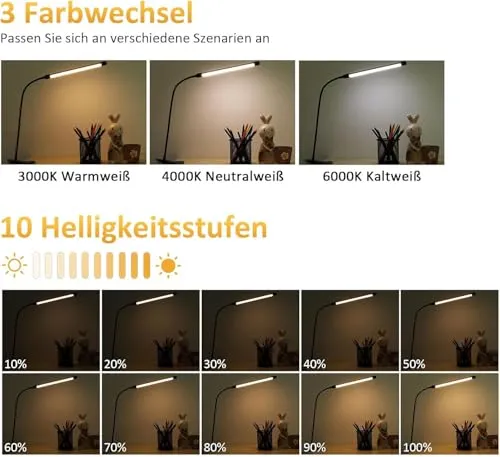 Akynite LED Schreibtischlampe Klemmbar Schwarz, Adapter enthalten, USB-Anschluss Klemmlampe mit Kabel, 3 Farbwechsel 10 Helligkeit, LED Schwanenhals Lampe Klemme, Leselampe Bett