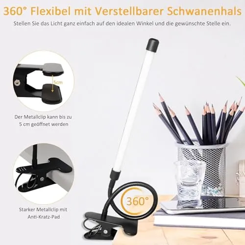 Akynite LED Schreibtischlampe Klemmbar Schwarz, Adapter enthalten, USB-Anschluss Klemmlampe mit Kabel, 3 Farbwechsel 10 Helligkeit, LED Schwanenhals Lampe Klemme, Leselampe Bett