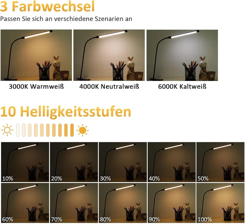 Akynite LED Schreibtischlampe Klemmbar Schwarz, Adapter enthalten, USB-Anschluss Klemmlampe mit Kabel, 3 Farbwechsel 10 Helligkeit, LED Schwanenhals Lampe Klemme, Leselampe Bett