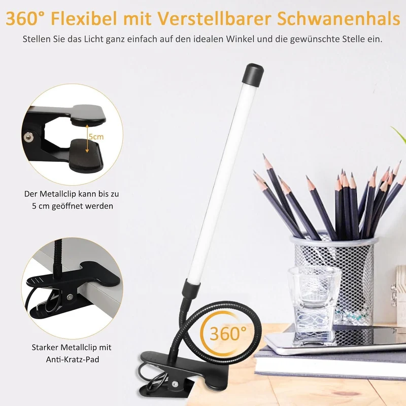 Akynite LED Schreibtischlampe Klemmbar Schwarz, Adapter enthalten, USB-Anschluss Klemmlampe mit Kabel, 3 Farbwechsel 10 Helligkeit, LED Schwanenhals Lampe Klemme, Leselampe Bett