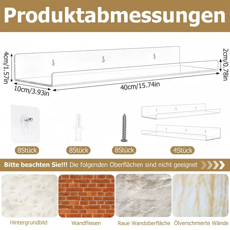 4 Stück Wandregal Ohne Bohren 40 x 10 cm Klares Wandregal, Acryl Schwebendes Regalbrett, Kleines Regal Wand für Wohnzimmer Schlafzimmer Badezimmer Küche Selbstklebend U-Typ