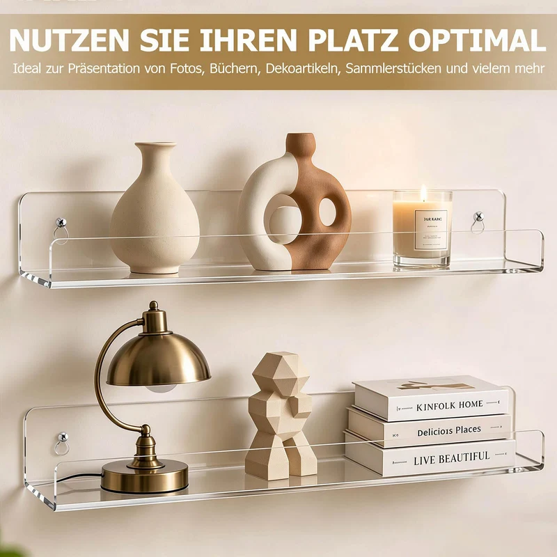 4 Stück Wandregal Ohne Bohren 40 x 10 cm Klares Wandregal, Acryl Schwebendes Regalbrett, Kleines Regal Wand für Wohnzimmer Schlafzimmer Badezimmer Küche Selbstklebend U-Typ
