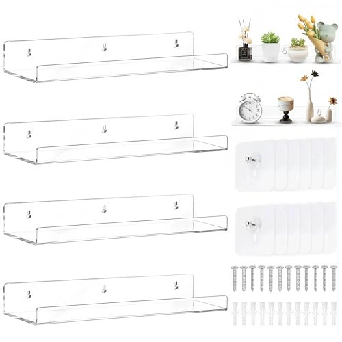 4 Stück Wandregal Ohne Bohren 40 x 10 cm Klares Wandregal, Acryl Schwebendes Regalbrett, Kleines Regal Wand für Wohnzimmer Schlafzimmer Badezimmer Küche Selbstklebend U-Typ