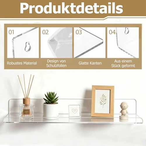 4 Stück Wandregal Ohne Bohren 40 x 10 cm Klares Wandregal, Acryl Schwebendes Regalbrett, Kleines Regal Wand für Wohnzimmer Schlafzimmer Badezimmer Küche Selbstklebend U-Typ